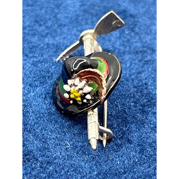Tyrolean Hat Tie Tack Pin With Feather Design Silver & Enamel Accents - Picture 2 of 4